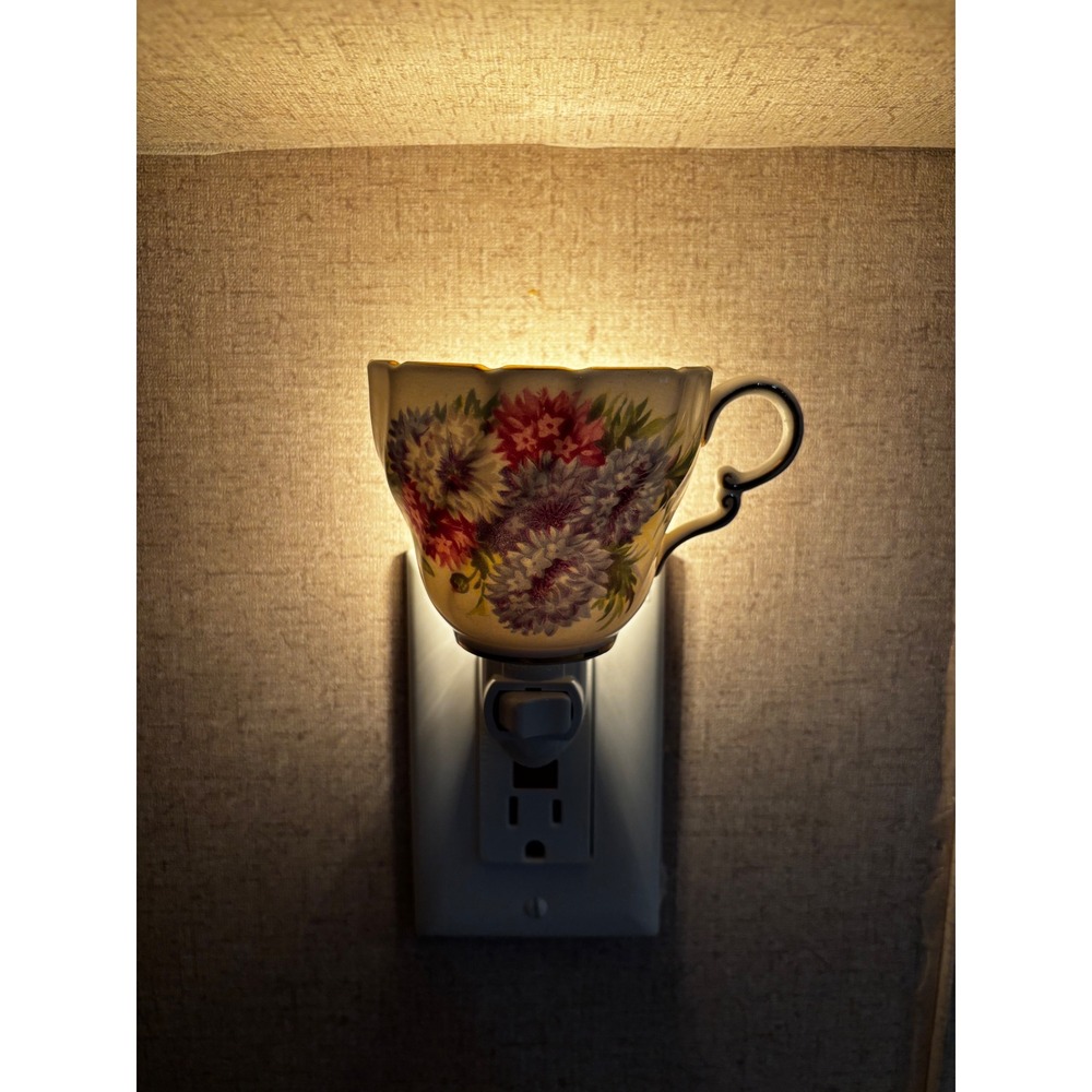 Vintage Floral Porcelain Teacup Night Light Wall Plug In Gold Trim 026